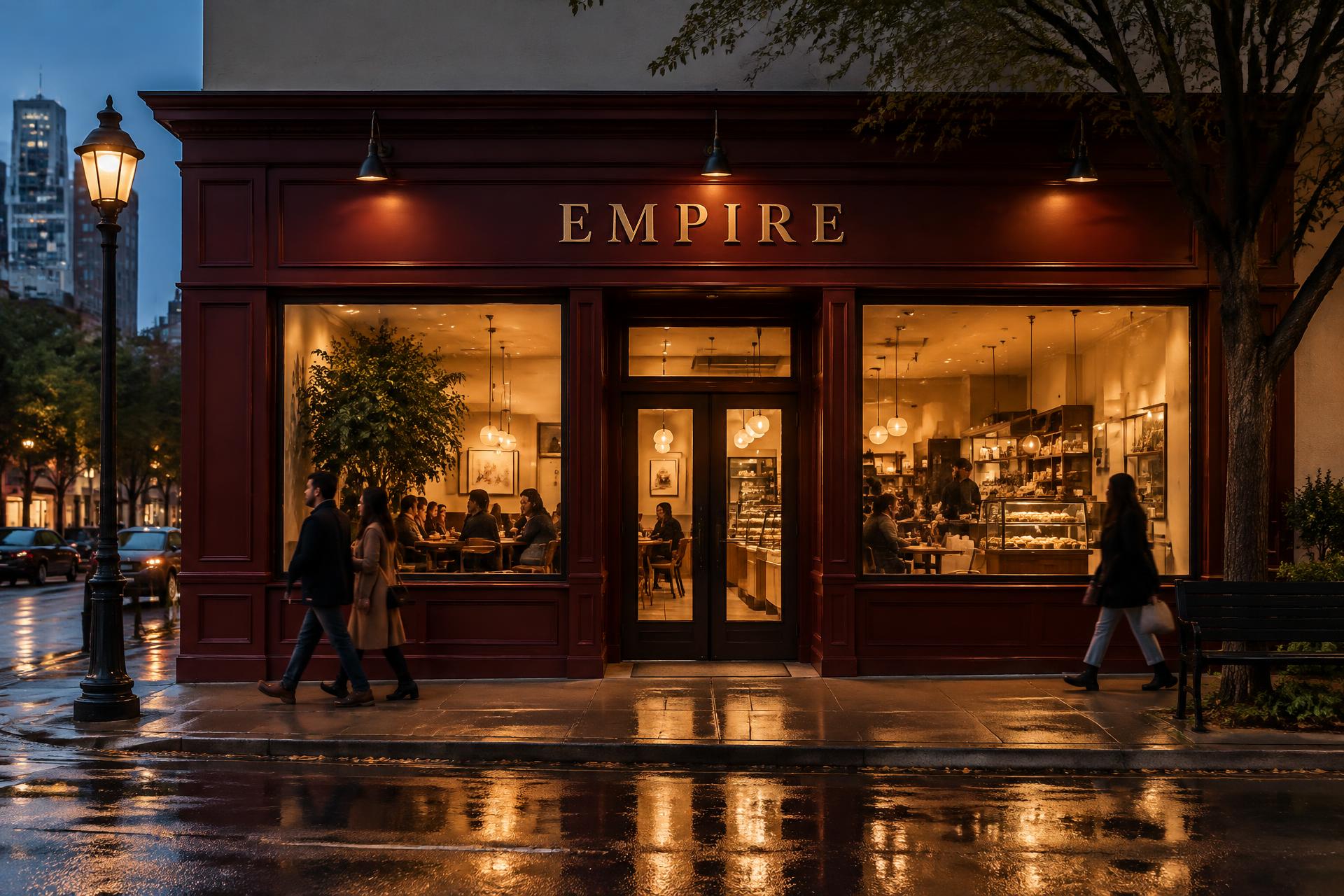 Warmly lit Empire Cookies storefront at dusk
